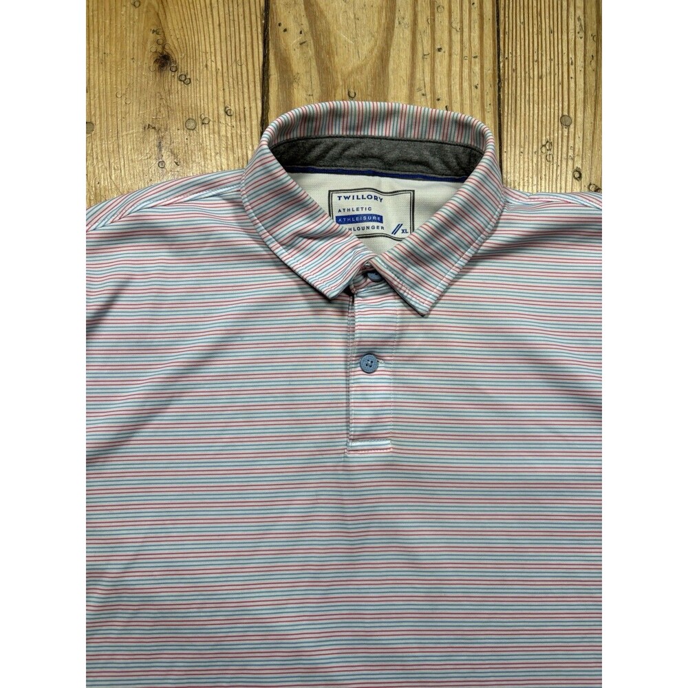 Twillory Polo Shirt Mens XL Blue Pink Stripe Athlounger Stretch Performance Golf